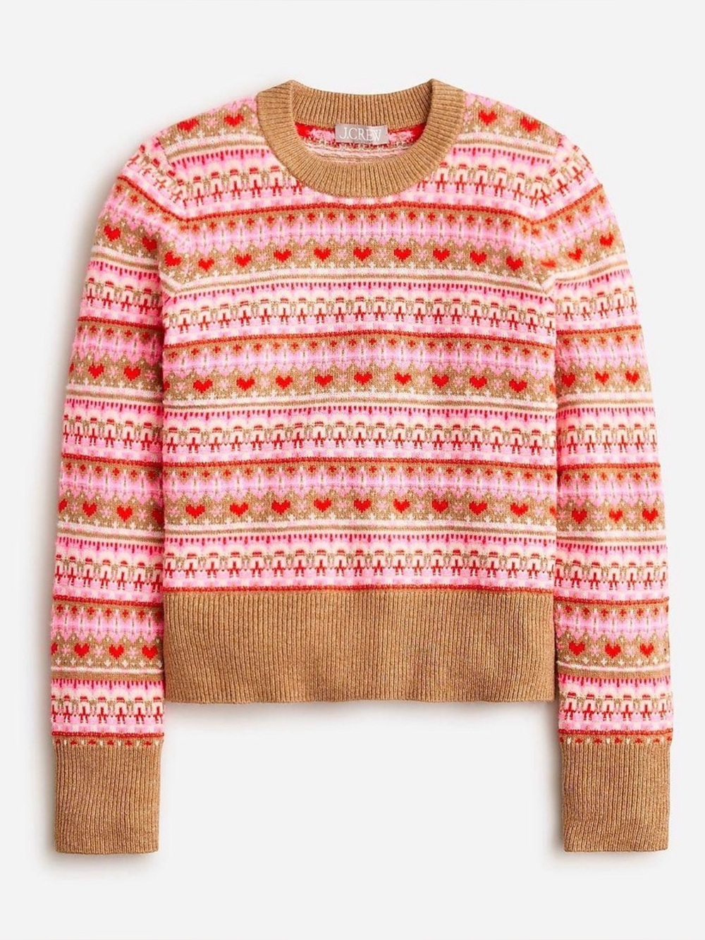 J.Crew Shrunken Fair Isle Heart Sweater Pink Tan Lambswool S